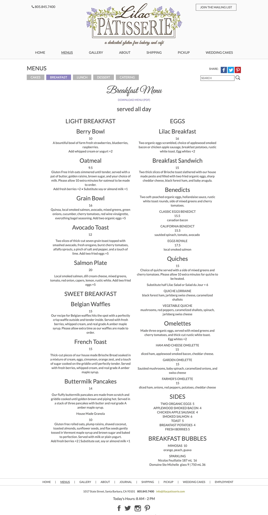 Restaurant Menu Page