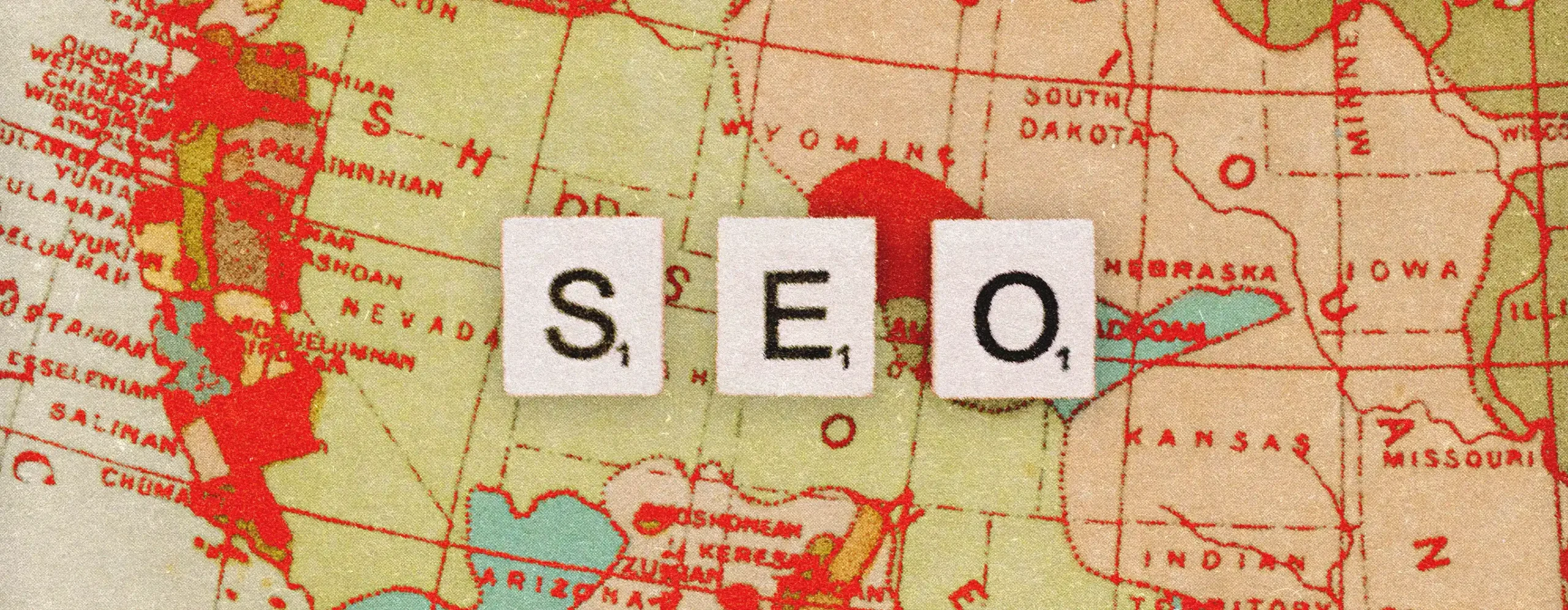 SEO in Scrabble letters on a map of the western USA.
