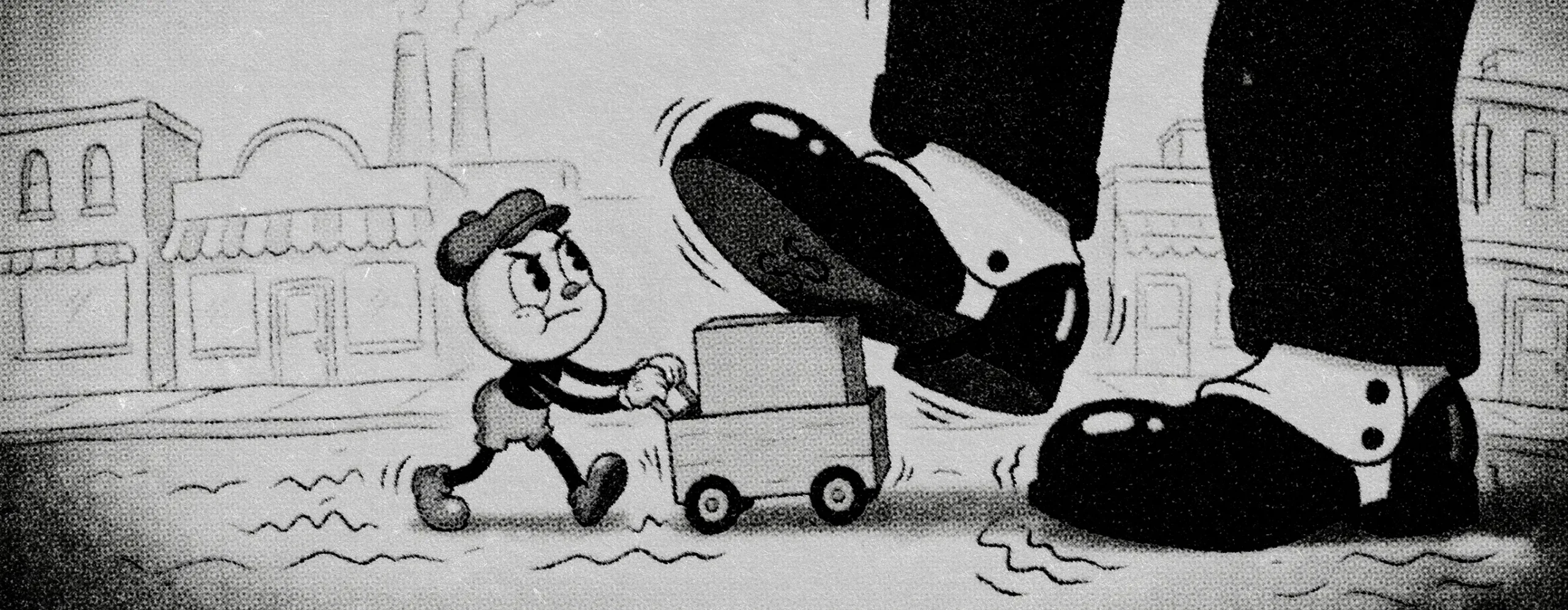 Corporate giant stepping on small local brand. Image is AI generated.